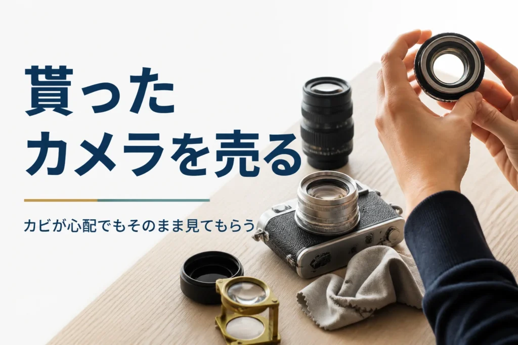 古いフィルムカメラのレンズを光に透かしてカビがないか見ている様子