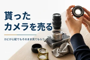 古いフィルムカメラのレンズを光に透かしてカビがないか見ている様子
