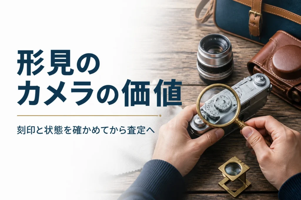 古いフィルムカメラの上面の刻印をルーペで確かめている様子