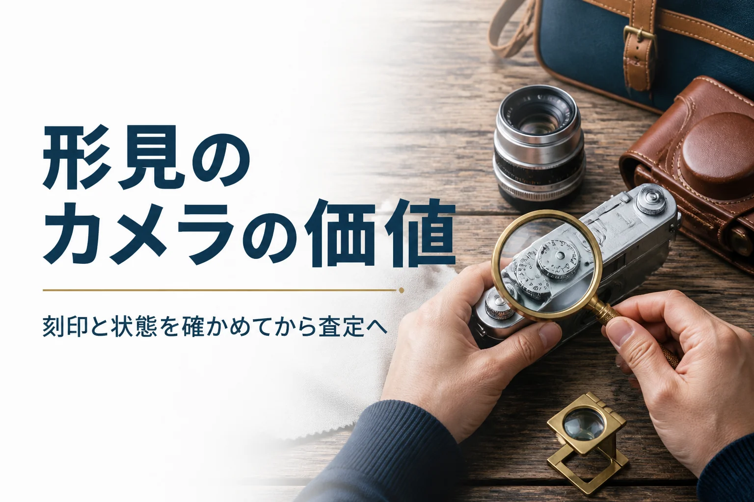 古いフィルムカメラの上面の刻印をルーペで確かめている様子