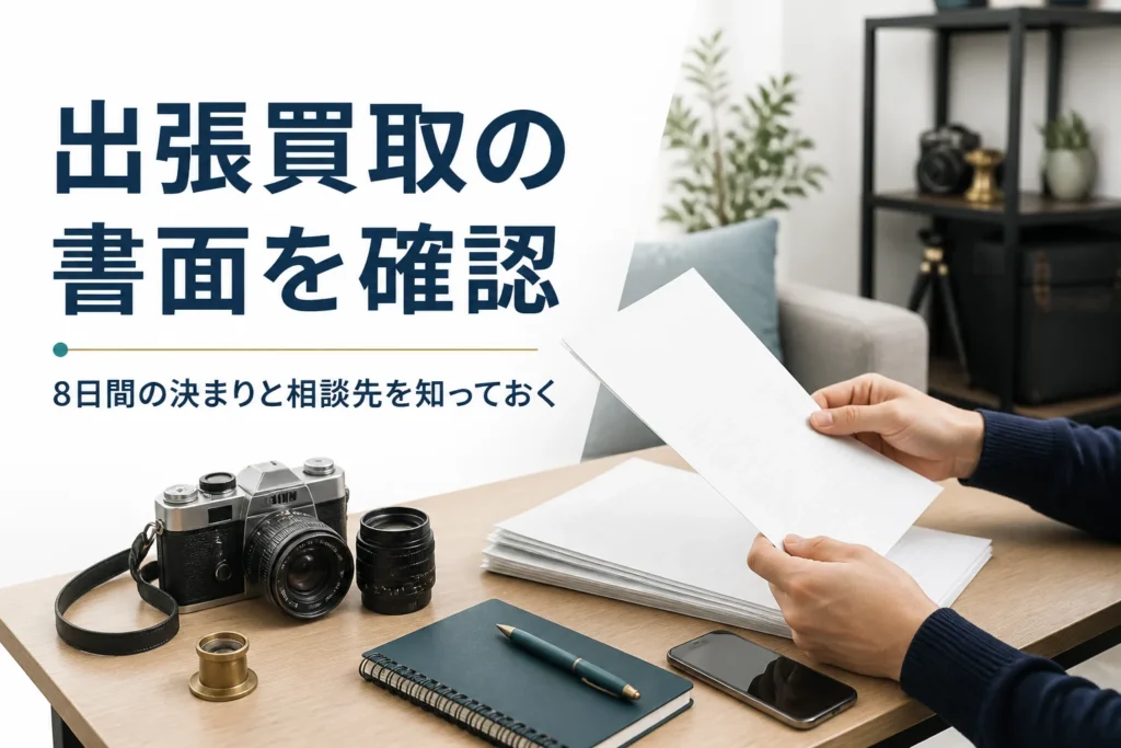 古いフィルムカメラの横で出張買取の書類を広げて確かめている様子