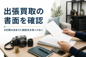古いフィルムカメラの横で出張買取の書類を広げて確かめている様子