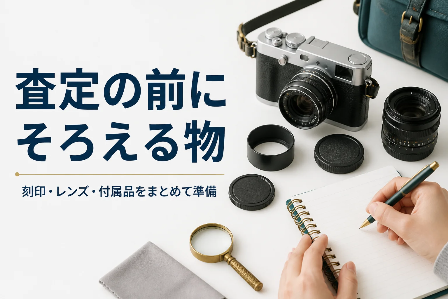 クラシックなカメラと交換レンズ、キャップ類を並べて査定の準備をしている様子