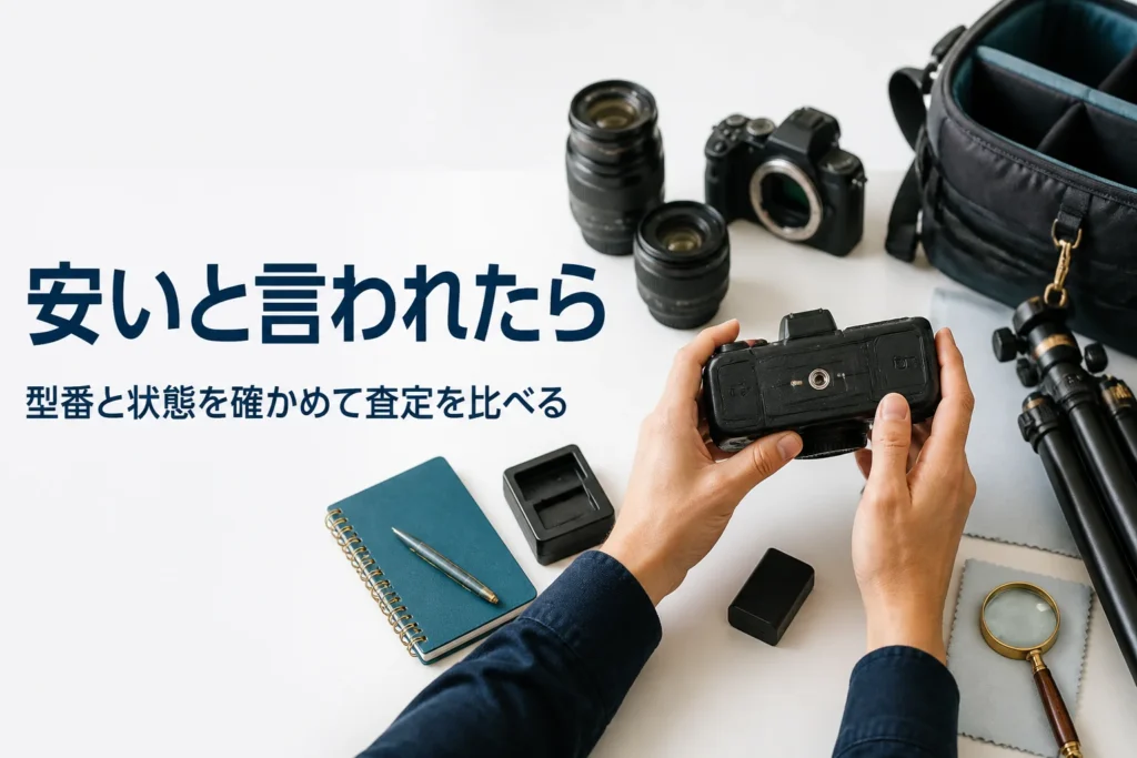 デジタル一眼レフの底面の表記を見ながら型番をメモしている様子