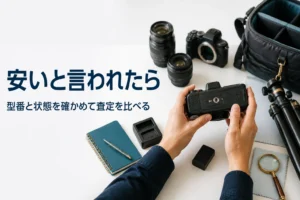 デジタル一眼レフの底面の表記を見ながら型番をメモしている様子