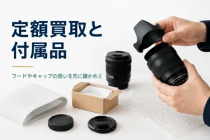 交換レンズにフードとキャップを合わせて付属品がそろっているか確かめている様子
