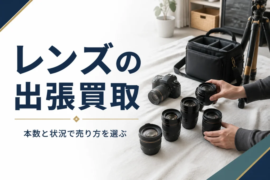 自宅で交換レンズやカメラを並べて出張買取の準備をしている様子