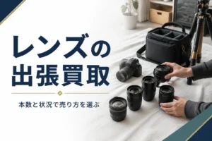 自宅で交換レンズやカメラを並べて出張買取の準備をしている様子