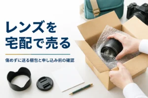 交換レンズを緩衝材で包んで段ボール箱に詰めている様子