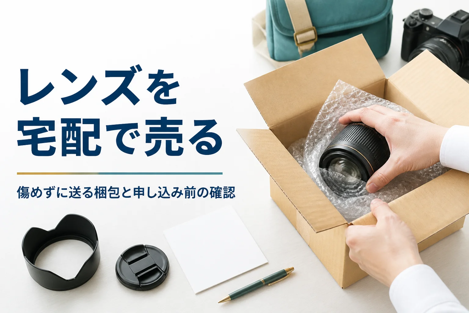 交換レンズを緩衝材で包んで段ボール箱に詰めている様子