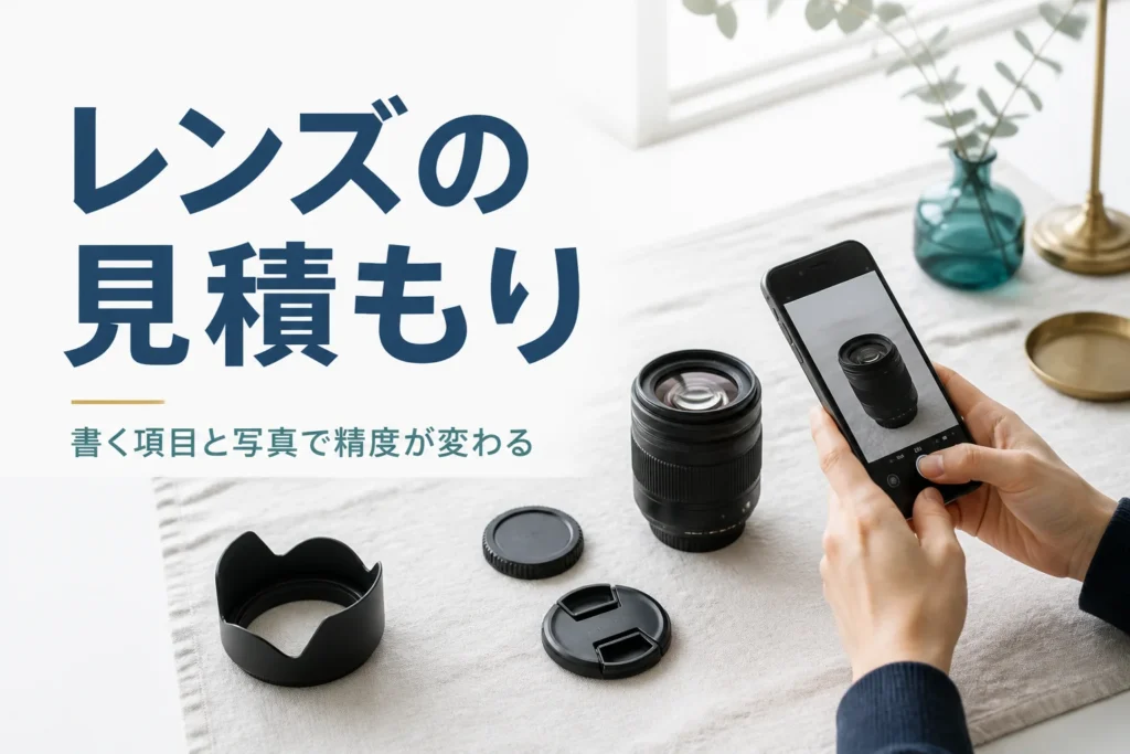 交換レンズをスマートフォンで撮影して見積もり用の写真を用意している様子
