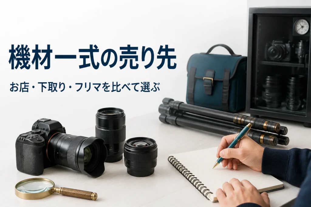 一眼レフ・交換レンズ・三脚・カメラバッグを並べて売り先を考えている様子