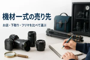 一眼レフ・交換レンズ・三脚・カメラバッグを並べて売り先を考えている様子