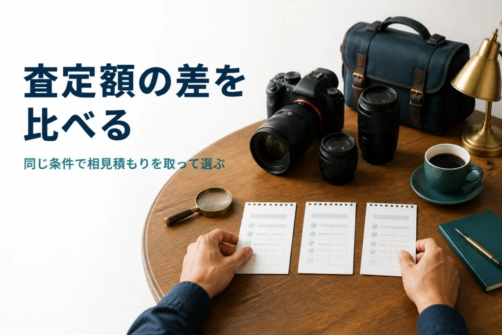 一眼レフと交換レンズの横で、複数の査定結果のメモを見比べている様子