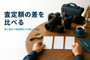 一眼レフと交換レンズの横で、複数の査定結果のメモを見比べている様子