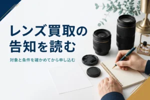交換レンズの横で買取の条件をメモしている様子