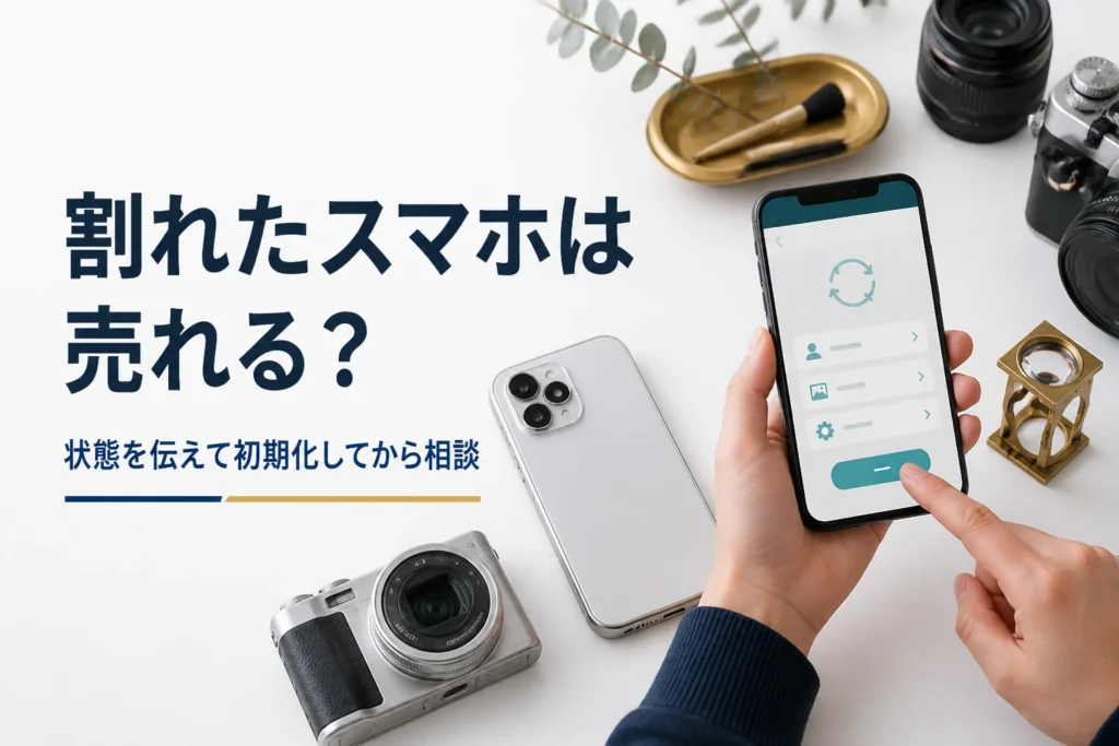 カメラ部分にひびがあるスマートフォンを初期化して売る準備をしている様子
