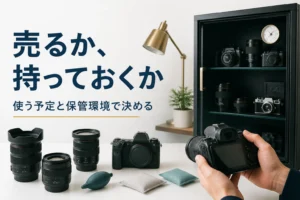 貰った一眼レフと防湿庫を前に、売るか保管するか考えている様子