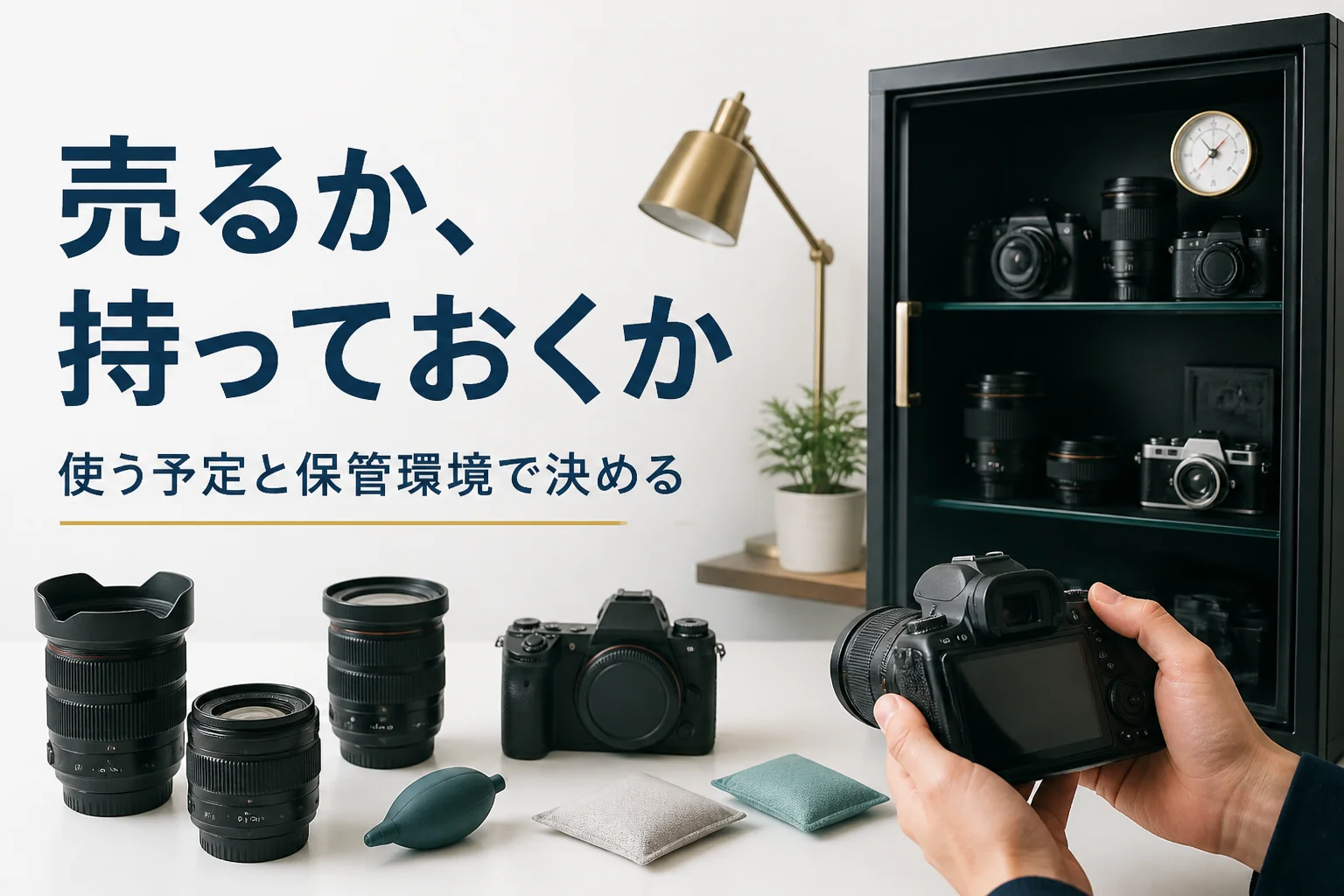 貰った一眼レフと防湿庫を前に、売るか保管するか考えている様子