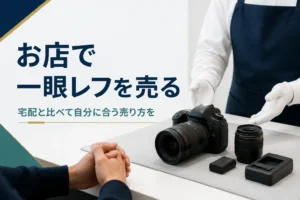 買取カウンターに一眼レフと付属品を並べて査定を受けている様子