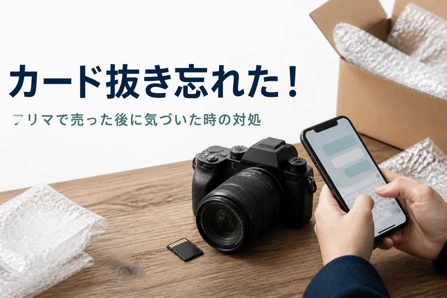 一眼レフとメモリーカード、段ボール箱の横でスマホからメッセージを送ろうとしている手元
