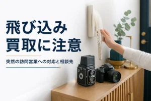 玄関に置かれた古い二眼レフと一眼レフの横で、インターホンに応対しようとしている手元