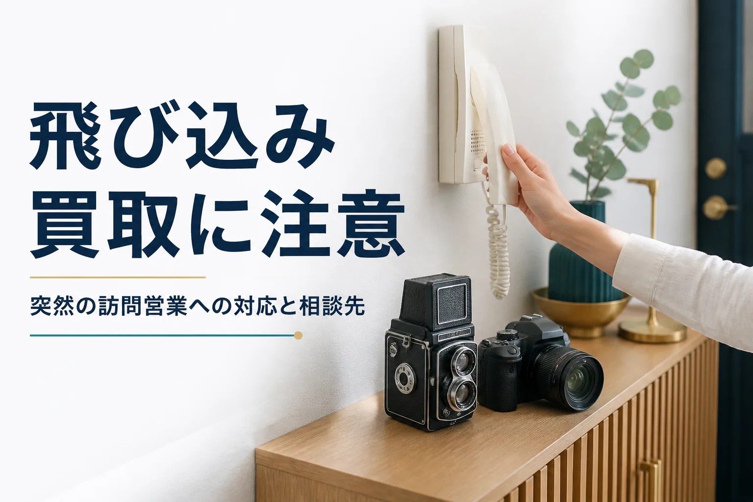 玄関に置かれた古い二眼レフと一眼レフの横で、インターホンに応対しようとしている手元