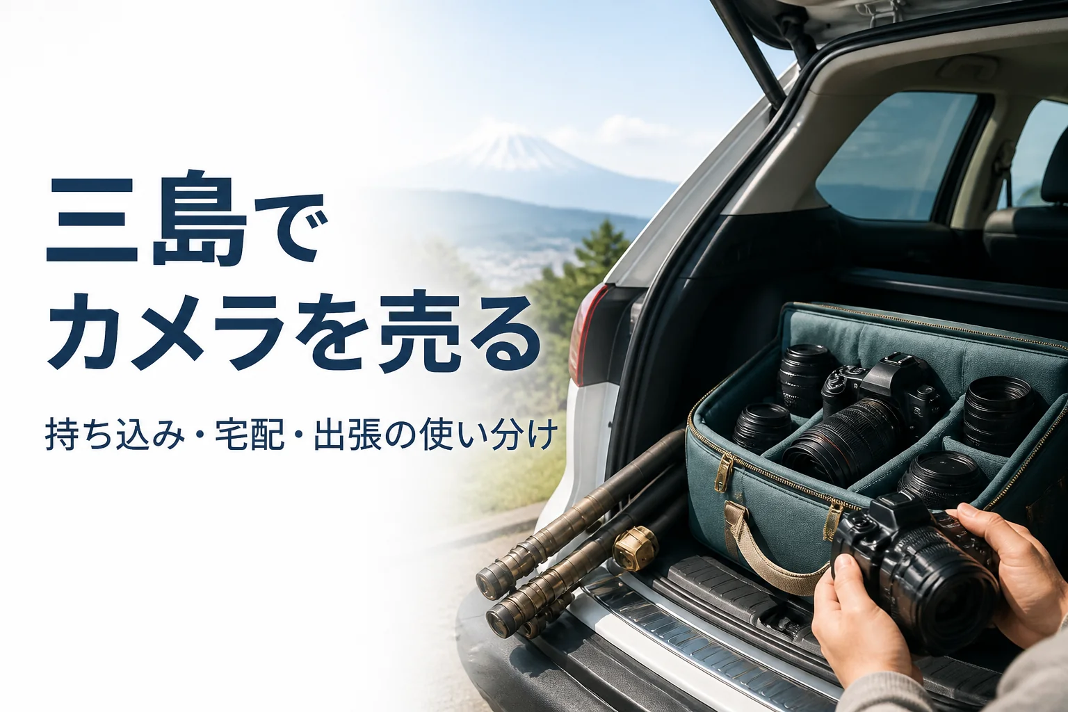 車の荷室にカメラバッグと三脚を積み、持ち込みの準備をしている様子