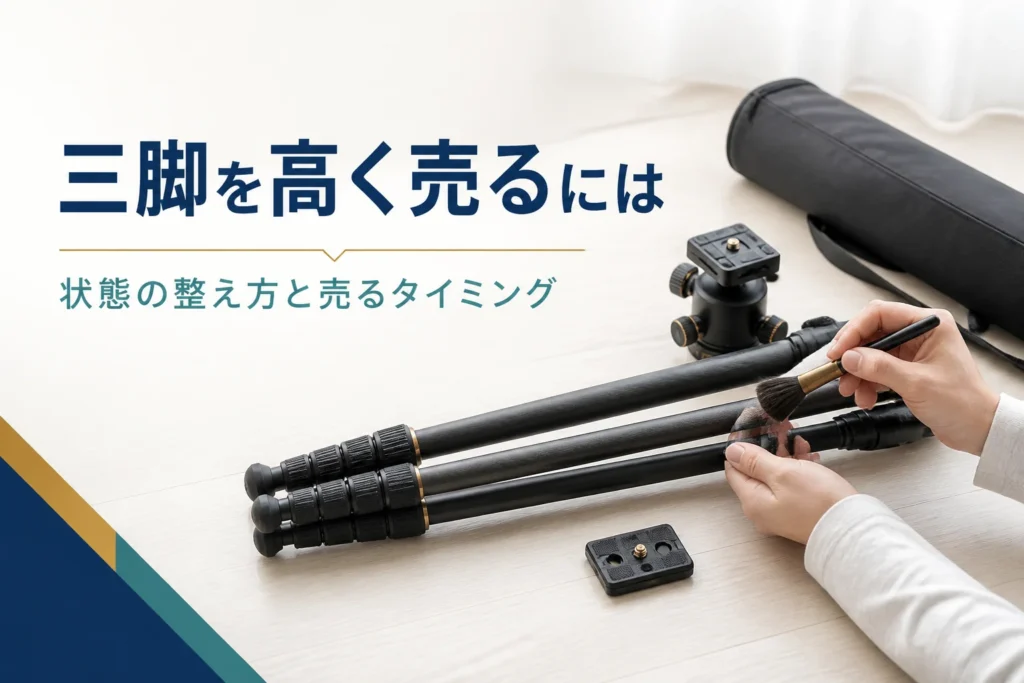 三脚の脚をブラシで掃除し、雲台やクイックシュー、収納ケースをそろえて売る準備をしている様子