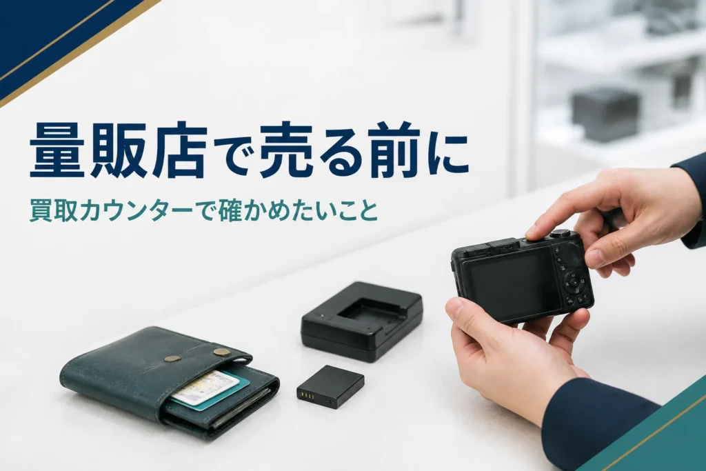 買取カウンターの台にデジカメと付属品を並べ、電源が入るか確かめている手元
