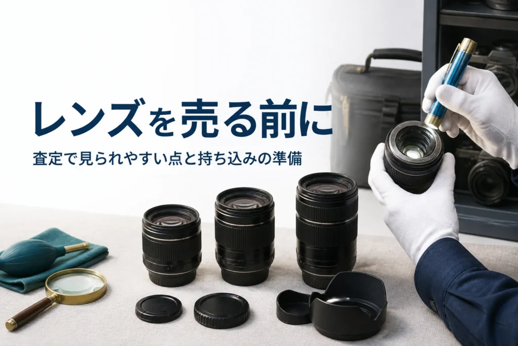 交換レンズをライトで照らしてカビやくもりがないか確かめている手元