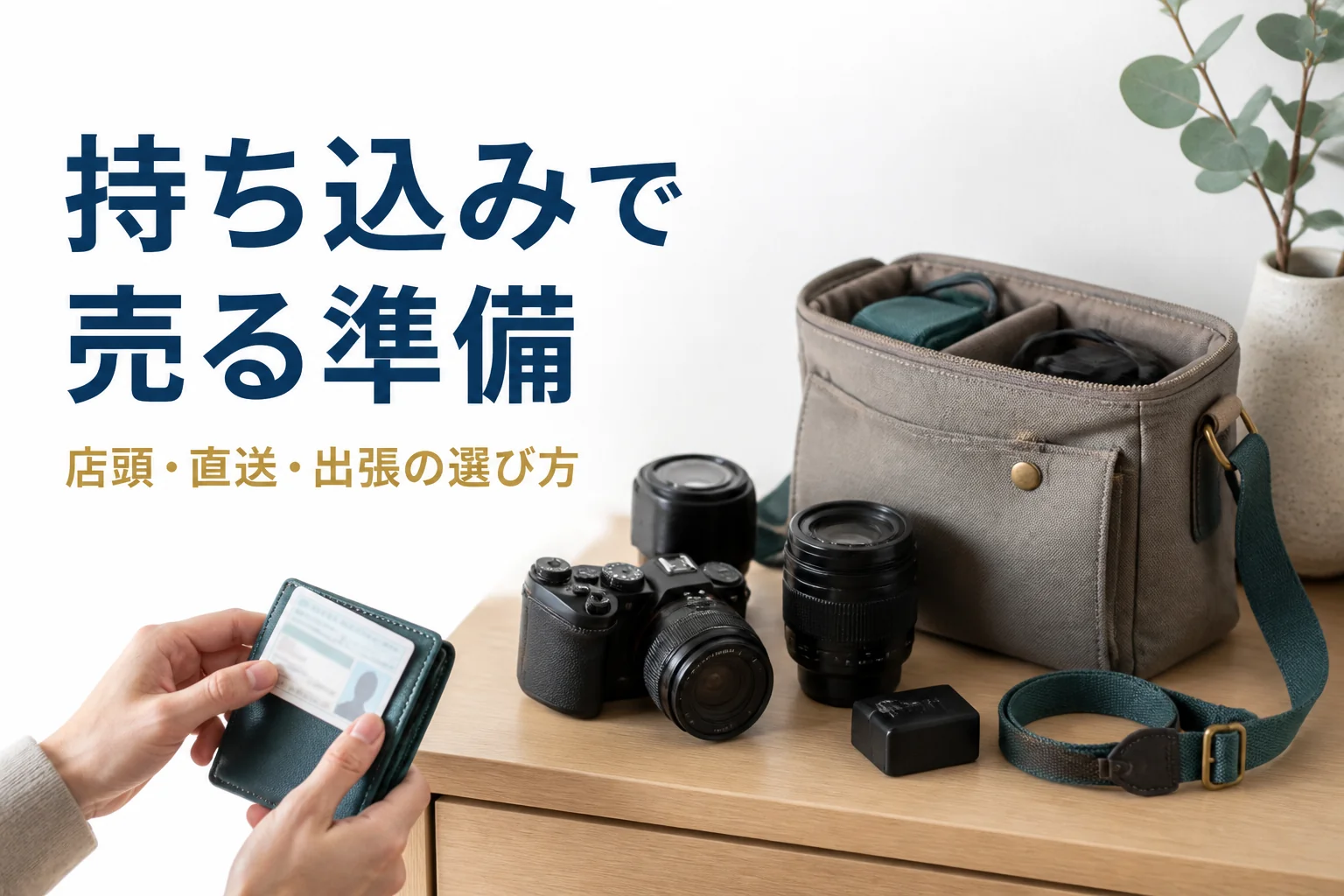 ミラーレスと付属品をバッグにまとめ、本人確認書類を確かめて持ち込みの準備をしている手元
