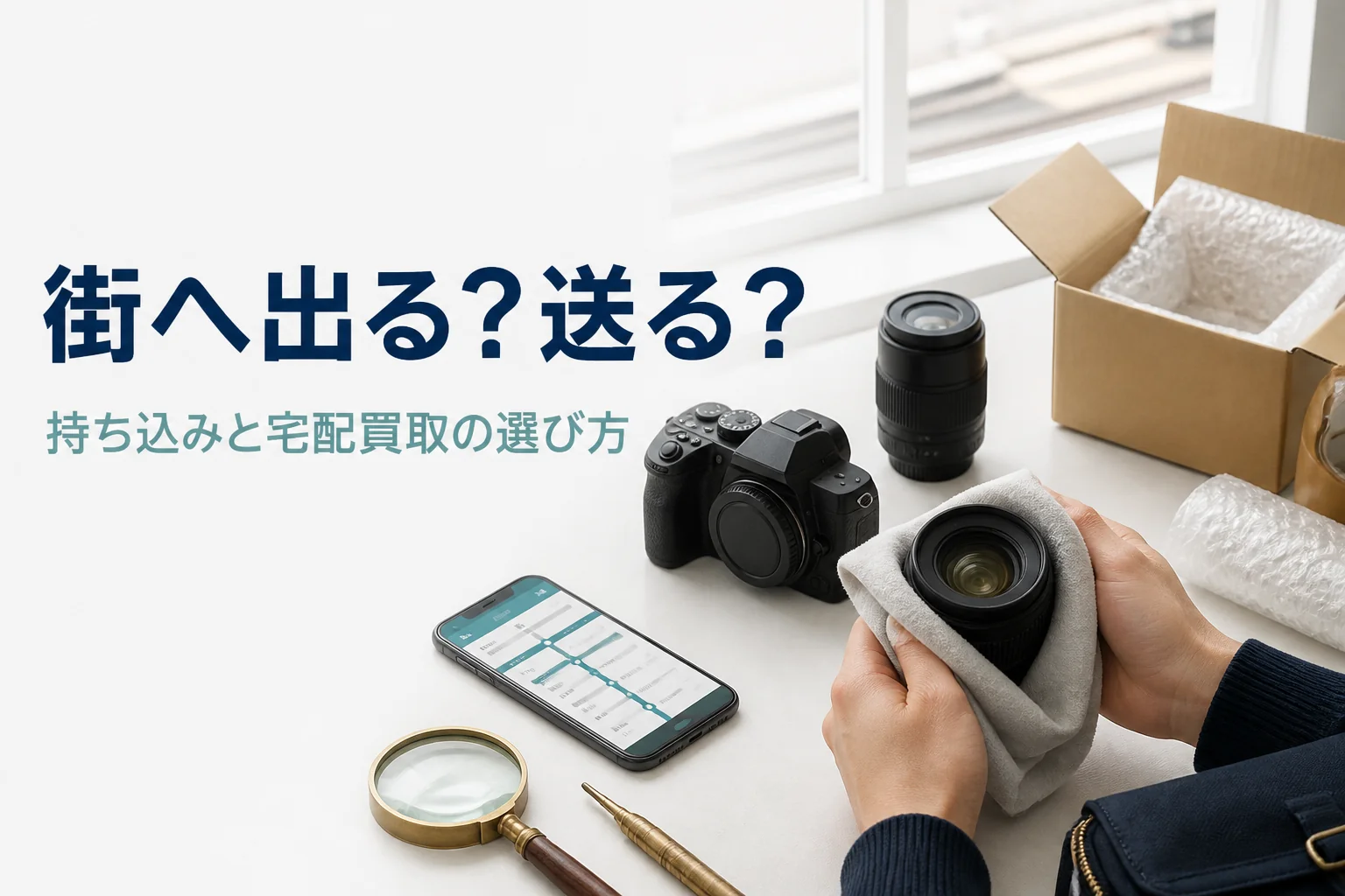 一眼レフと交換レンズを梱包キットの横に並べ、持ち込むか宅配で送るか考えている様子