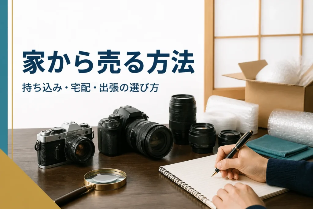 座卓に古いカメラとレンズを並べ、型番をメモして売る方法を考えている手元