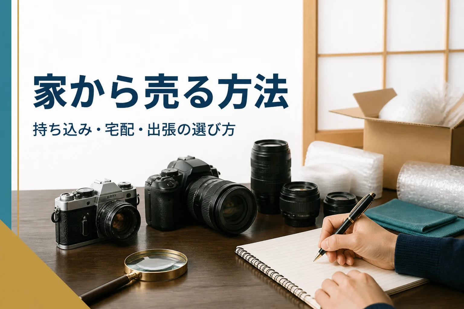 座卓に古いカメラとレンズを並べ、型番をメモして売る方法を考えている手元
