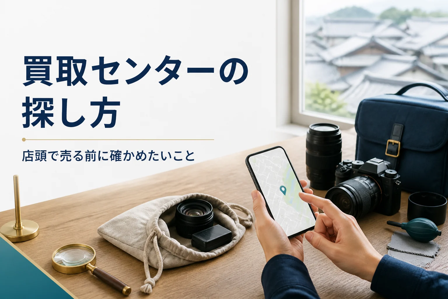 一眼レフと交換レンズの横で、スマホで店舗を探している手元