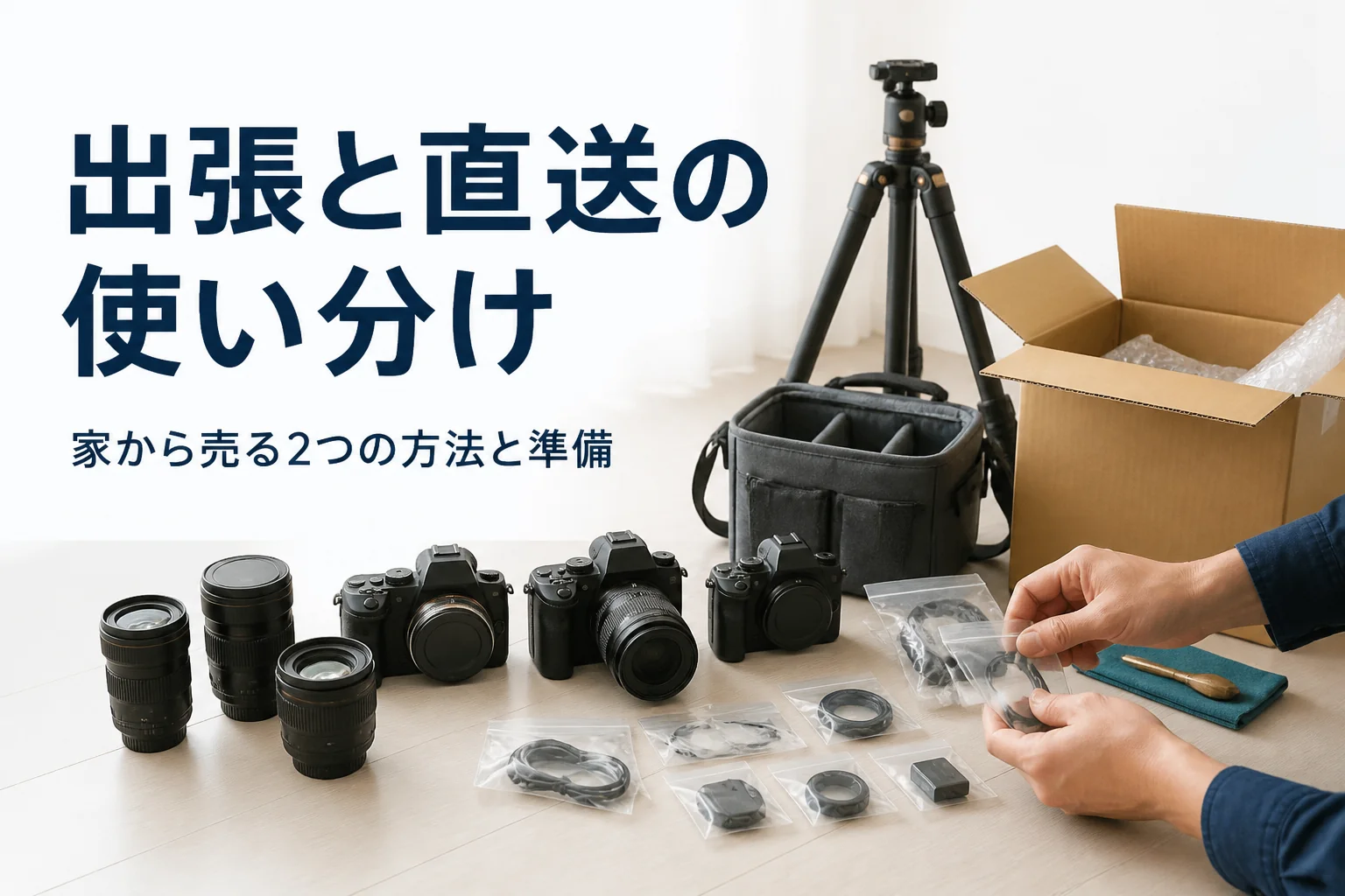 複数のカメラとレンズを床に並べ、付属品を品ごとに分けて出張か直送かを考えている手元