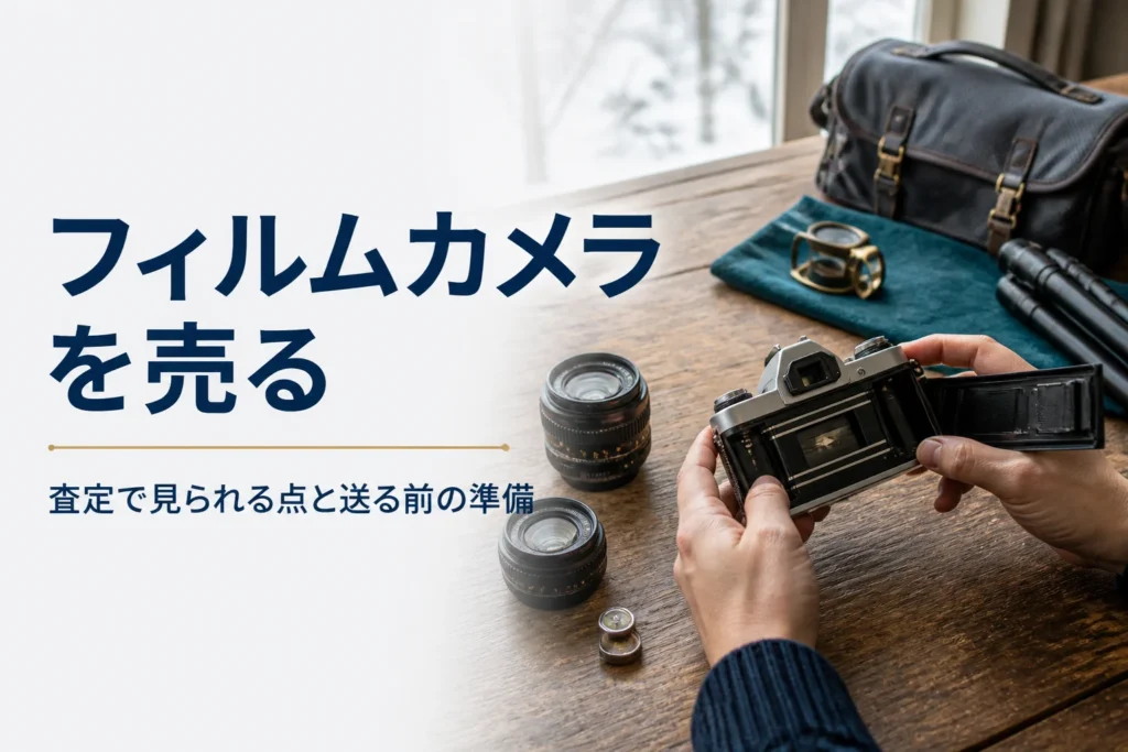 古いフィルム一眼レフの裏ぶたを開けて状態を確かめている手元