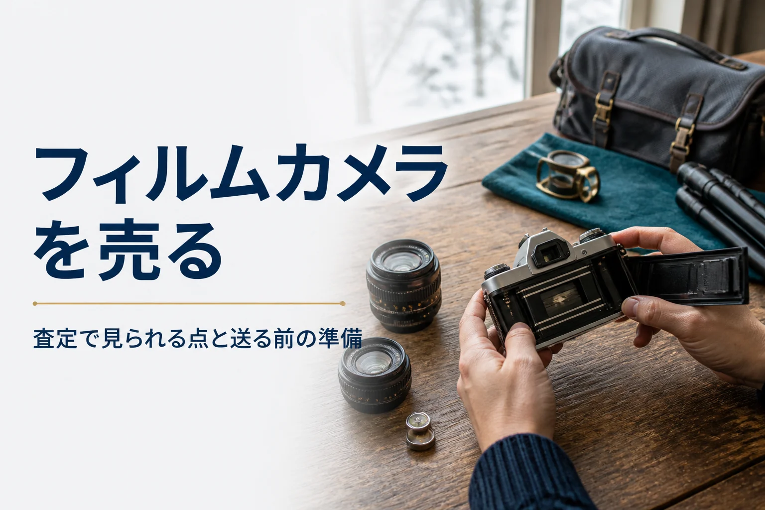 古いフィルム一眼レフの裏ぶたを開けて状態を確かめている手元