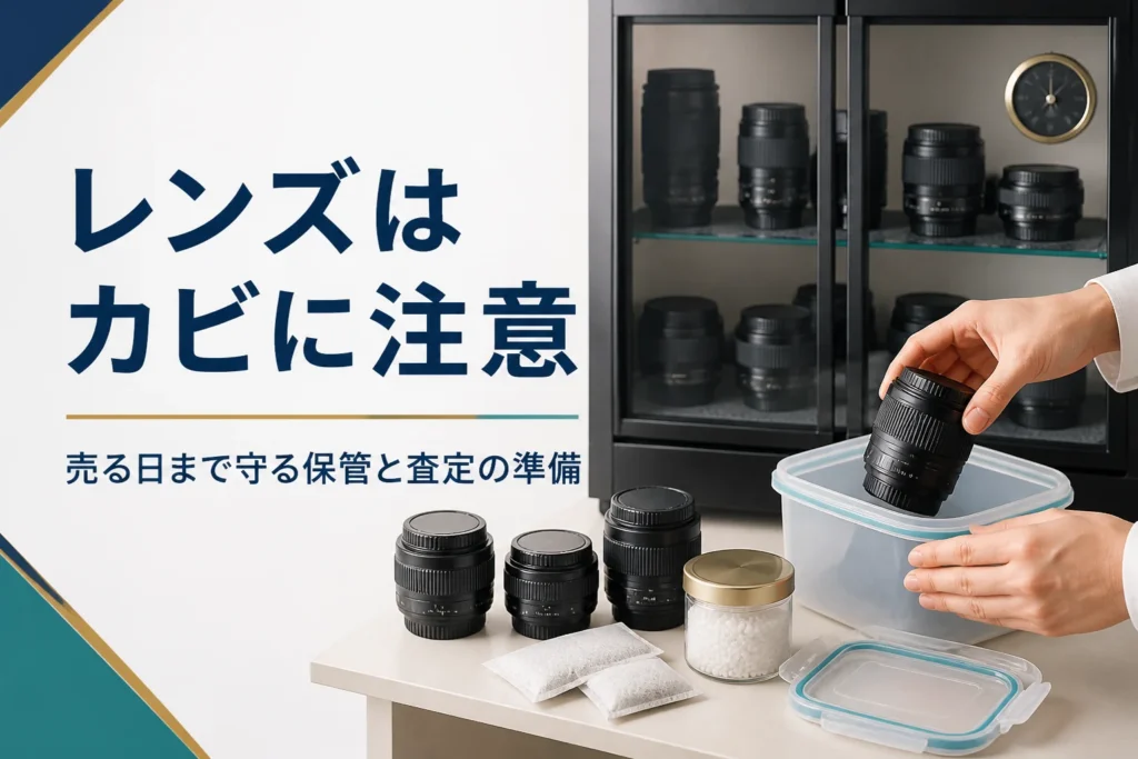 交換レンズを乾燥剤と一緒に密閉容器へしまい、カビを防ぐ保管をしている手元