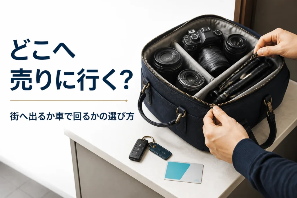 カメラとレンズをバッグにまとめ、車で行くか電車で行くか考えながら出かける準備をしている様子
