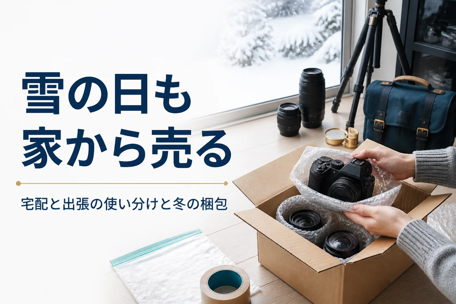 雪の見える部屋で、一眼レフと交換レンズを緩衝材で包んで箱に詰めている手元