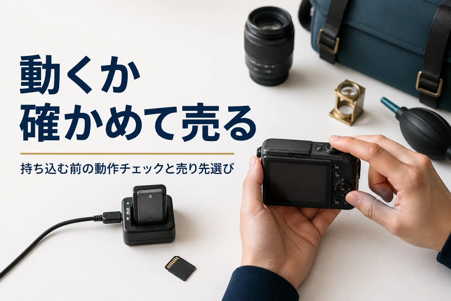 コンパクトデジカメのバッテリーを充電し、売る前に電源が入るか確かめている様子