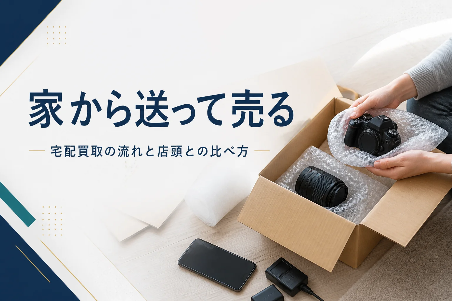 一眼レフと交換レンズを梱包キットに詰め、宅配買取の準備をしている様子