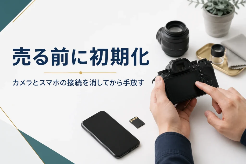 ミラーレスカメラの設定画面を操作し、スマホとの接続を解除して初期化の準備をしている様子
