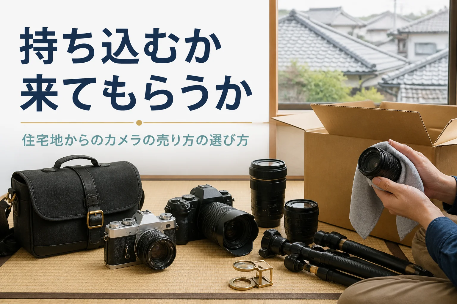 和室にカメラやレンズ、三脚を並べて、持ち込むか出張買取を頼むか考えている様子