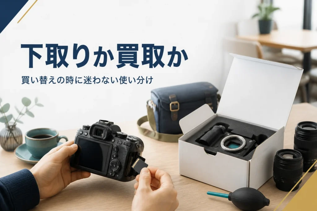 古い一眼レフと新しいミラーレスカメラの箱を並べ、下取りにするか買取にするか考えている様子