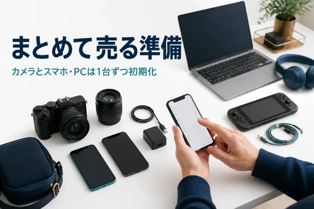 カメラやスマホ、ノートパソコン、ゲーム機を机に並べて、売る前に初期化の準備をしている様子
