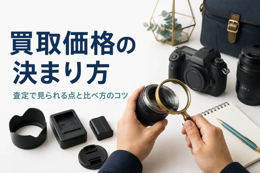 一眼レフと交換レンズ、付属品を並べて、ルーペで状態を確かめている様子