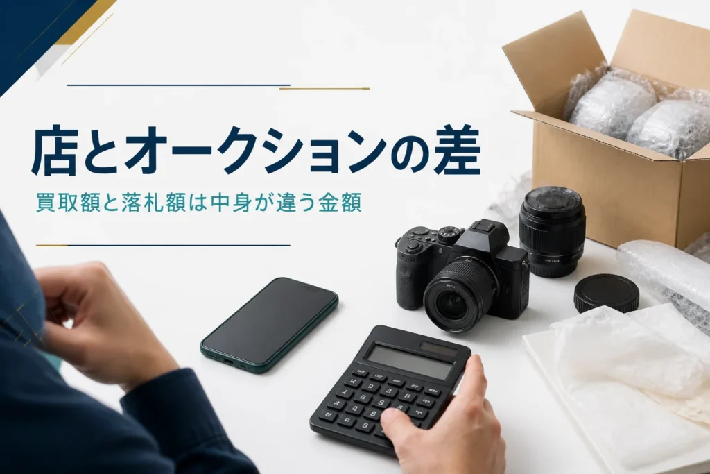 カメラと梱包材、電卓を並べて、店で売るかオークションに出すか比べている様子